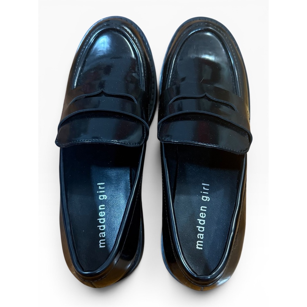 Madden Girl Cecilly Loafer Women 6M Black Excellent Chunky Block Heel Patent - Picture 4 of 6